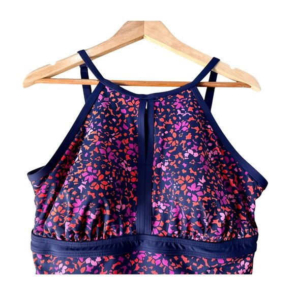 Lands’ End Keyhole High Neck Tankini Top Navy Pink Orange Floral Size 18 - Picture 6 of 12